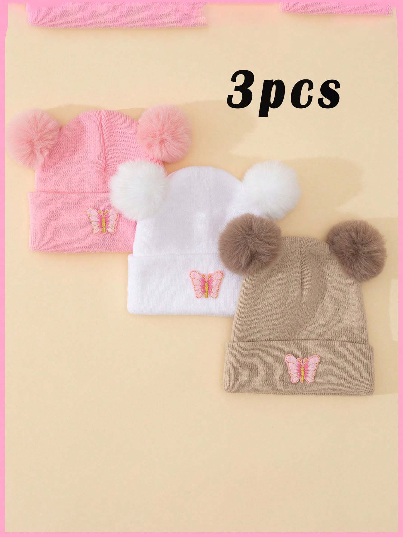 Knit Beanie Hat Warm - หมวกไหมพรมปอมปอมคู่สำหรับเด็ก 3 ชิ้น 1-6 ปี ปักลายผีเสื้อน่ารัก