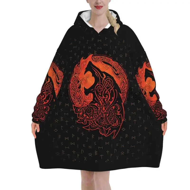 Sherpa Hoodie Fleece - ไวกิ้งหมาป่า Knot Fenrir สวมใส่ Hoodie ผ้าห่มผู้หญิงขนาดใหญ่เสื้อกันหนาว