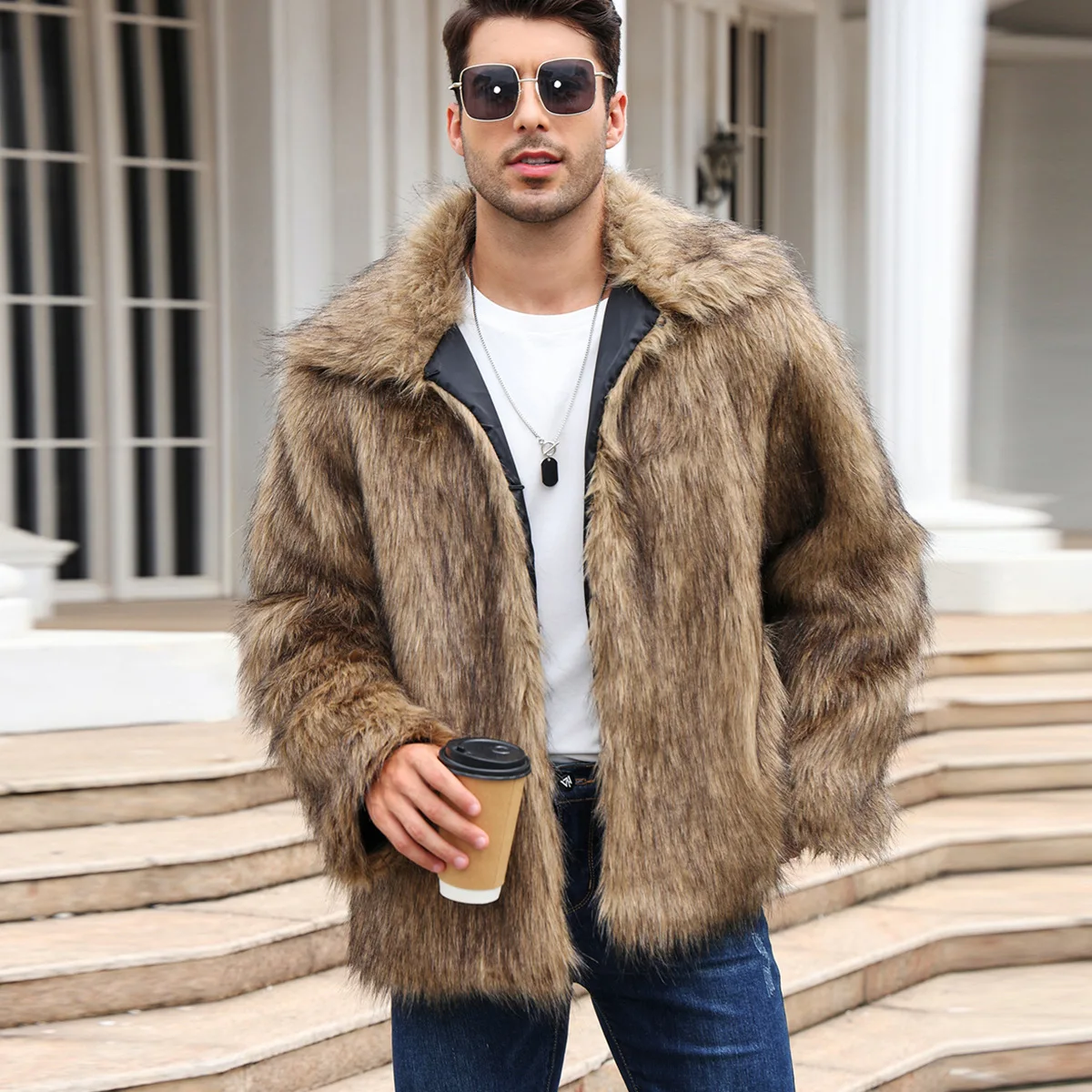 Down Jacket Packable - ผู้ชายFaux Foxขนสัตว์เสื้อแจ็คเก็ตฤดูหนาวหนาหนาแขนยาวWarm Shaggy Jacketหรูหราเสื้อขนสัตว์Bontjasแจ็คเก็ตบุรุษ