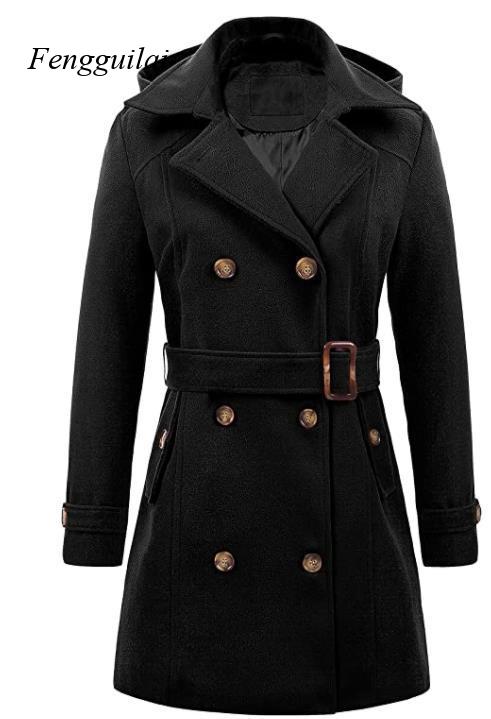 Wool Coat Peacoat - เสื้อโค้ทผู้หญิงสีดำแบบมีฮู้ด กระดุมสองแถว ผ้าขนสัตว์ผสม พร้อมเข็มขัด ความยาวปานกลาง เหมาะสำหรับใส่ลำลองหรือเป็นทางการในฤดูหนาว