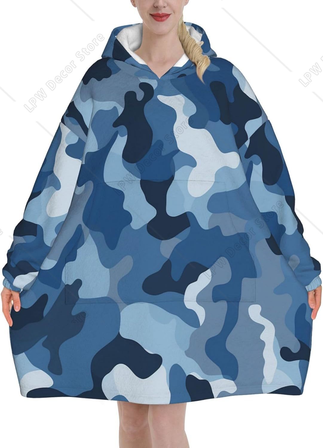 เสื้อฮู้ดผ้าห่มลายพรางสีน้ำเงิ - Sherpa Hoodie Fleece บทวิจารณ์และราคา