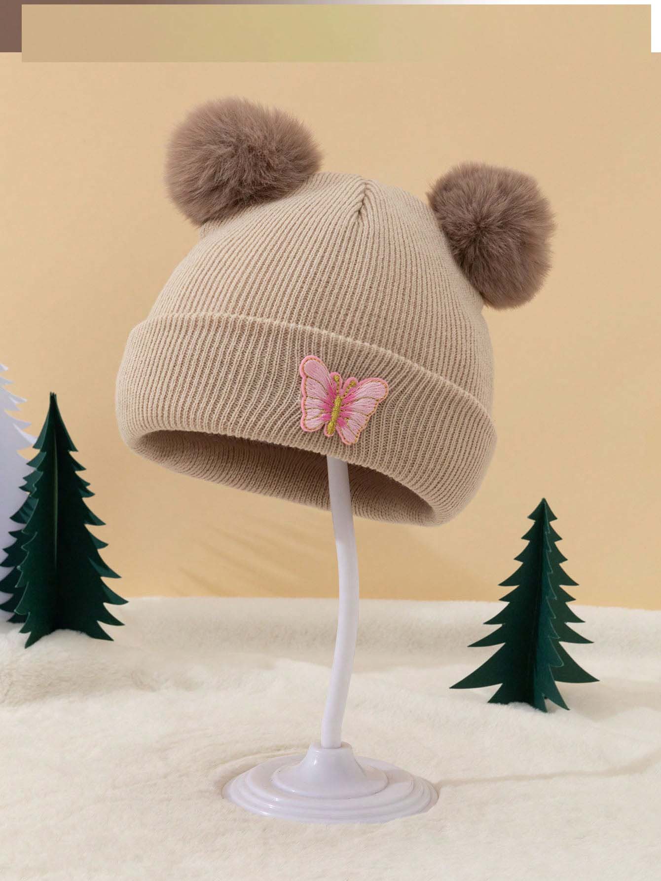 หมวกไหมพรมปอมปอมคู่สำหรับเด็ก  - Knit Beanie Hat Warm บทวิจารณ์และราคา